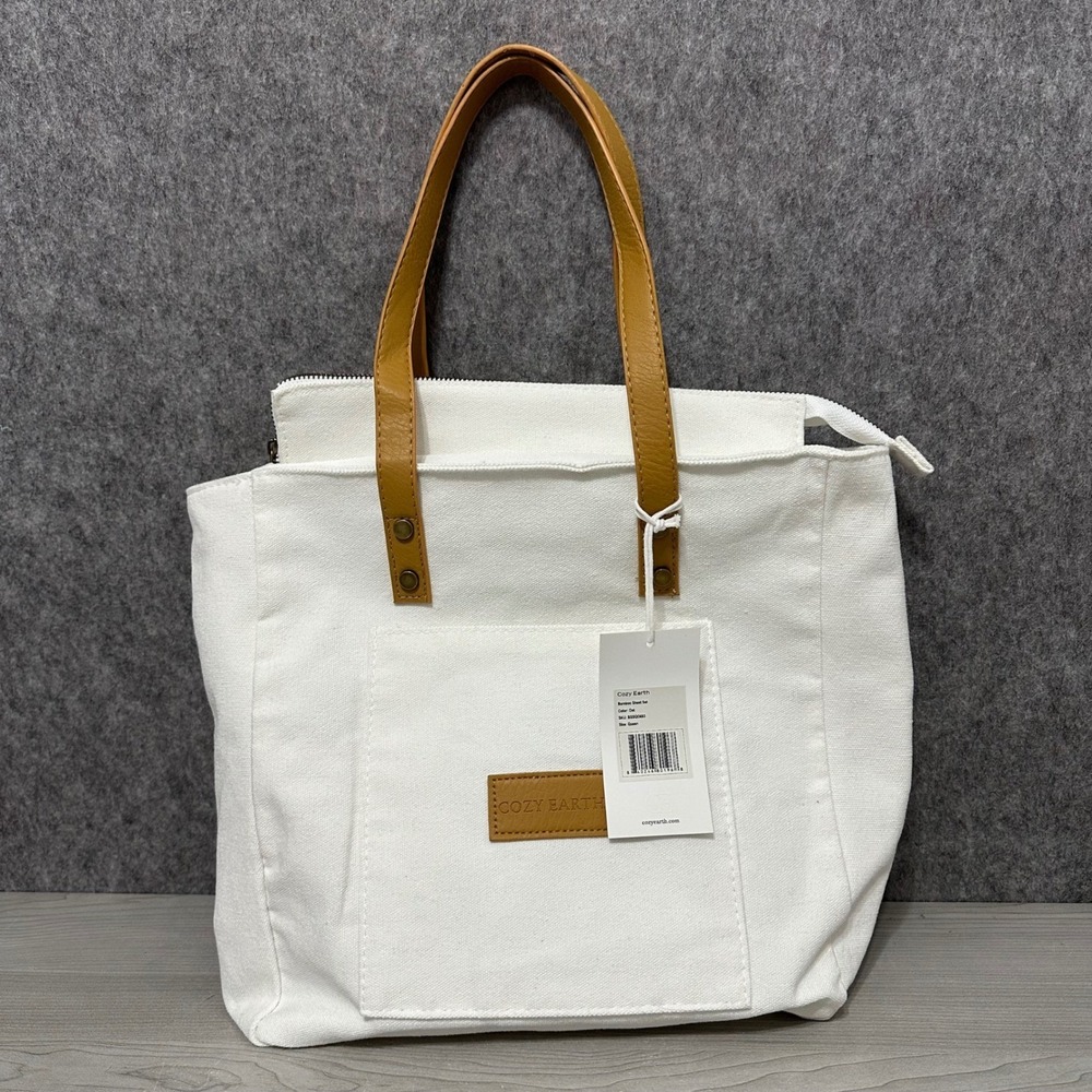 Cozy Earth Canvas‎ Queen Sz Tote Bag White Tan Faux Leather Straps Zipper Bamboo
